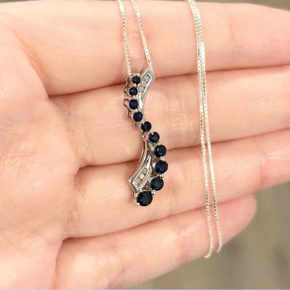 10K Sapphire Diamond Journey channel swirl natural dark blue white gold pendant - Picture 5 of 11